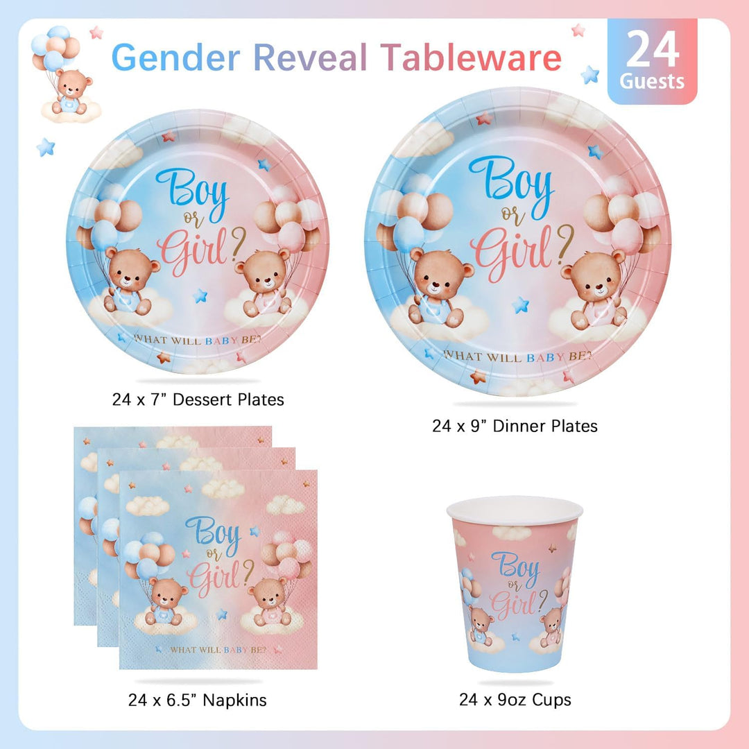 Gender Reveal Party Deko Partygechirr Set für 24 Gäste, 96pcs Babyshower Wiederverwendbare Papptelle