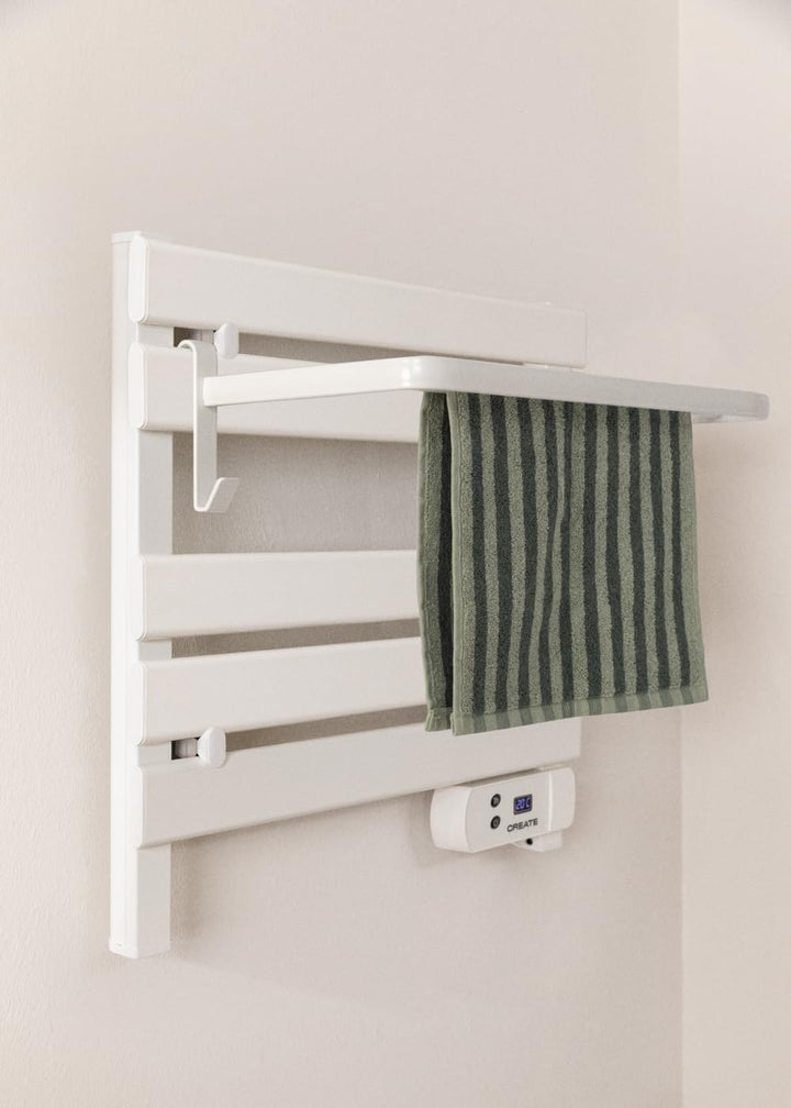 CREATE / WARM Towel Mini 150W / Elektrischer Badheizkörper Schwarz mit Regal / 52,3x8x55,8cm, mit di