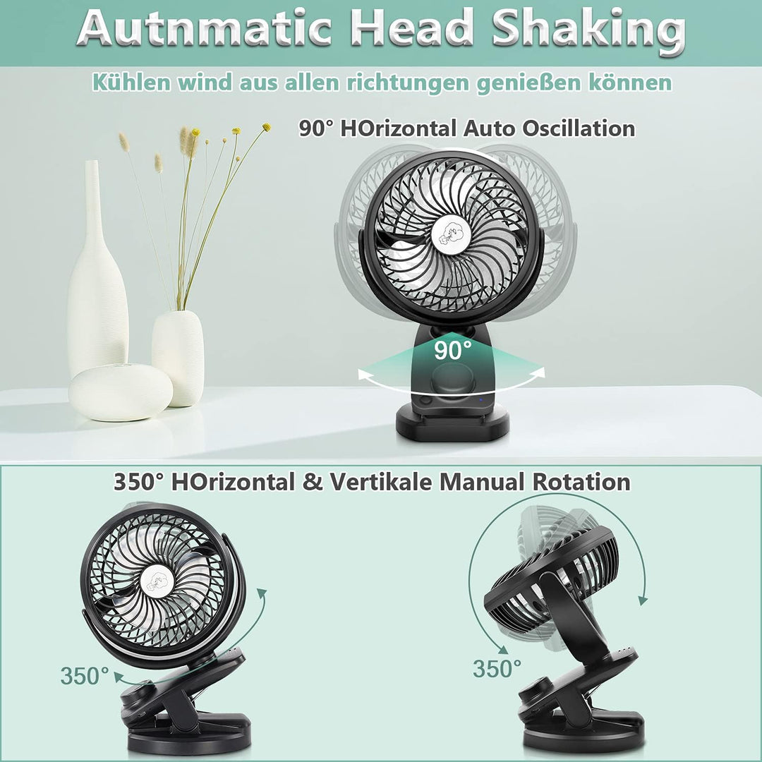 Verbesserte Mini USB Clip Ventilator mit 5000mAh Akku 2 in 1 Tischventilator Clip Fan, Auto-Oszillie