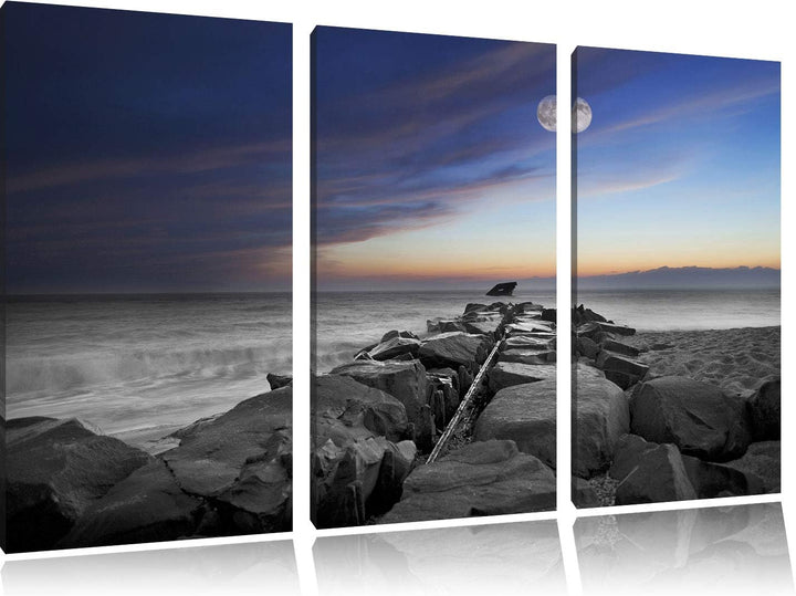 Steinmauer am Meer bei schönem Abendhimmel schwarz/weiss 3-Teiler Leinwandbild 120x80 Bild auf Leinw