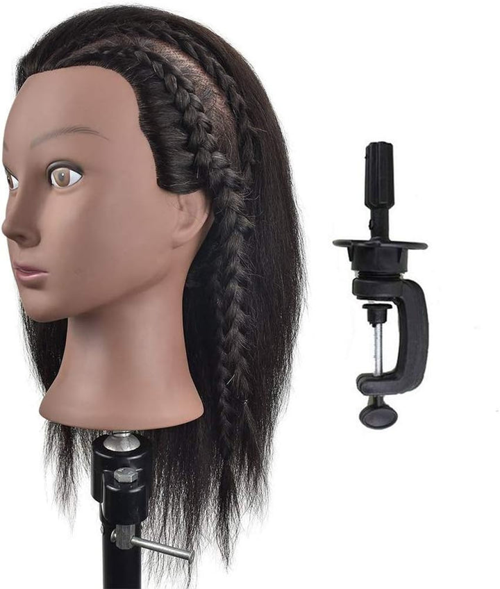 Afro-Mannequin-Kopf aus 100% Echthaar, Friseur-Trainingskopf für Kosmetologie, Puppenkopf (Tischklem