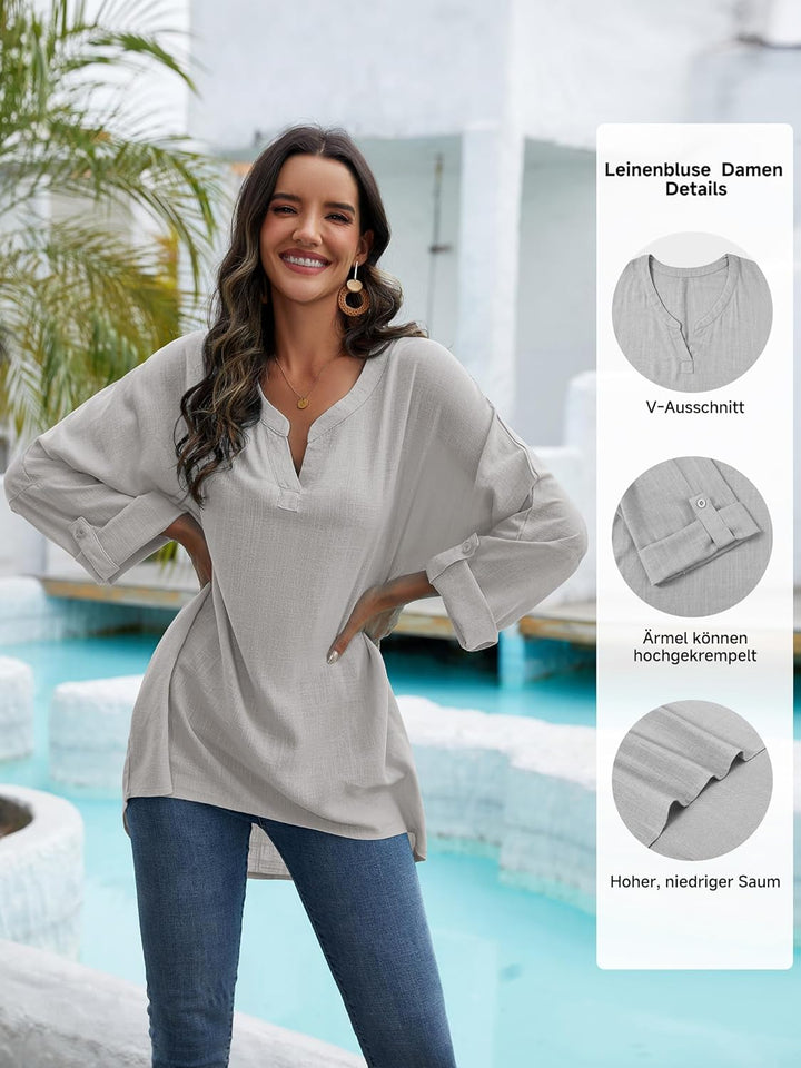 Tincini Leinenbluse Damen Bluse Damen Sommer Tunika V-Ausschnitt Grosse Grössen Blusenshirt Damen La