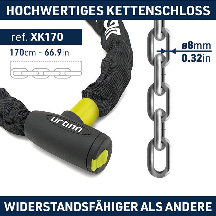 URBAN XK170 Anti-Diebstahl Kette Vorhängeschloss Gehärteter Stahl Scooter und Fahrrad, leicht 170 cm