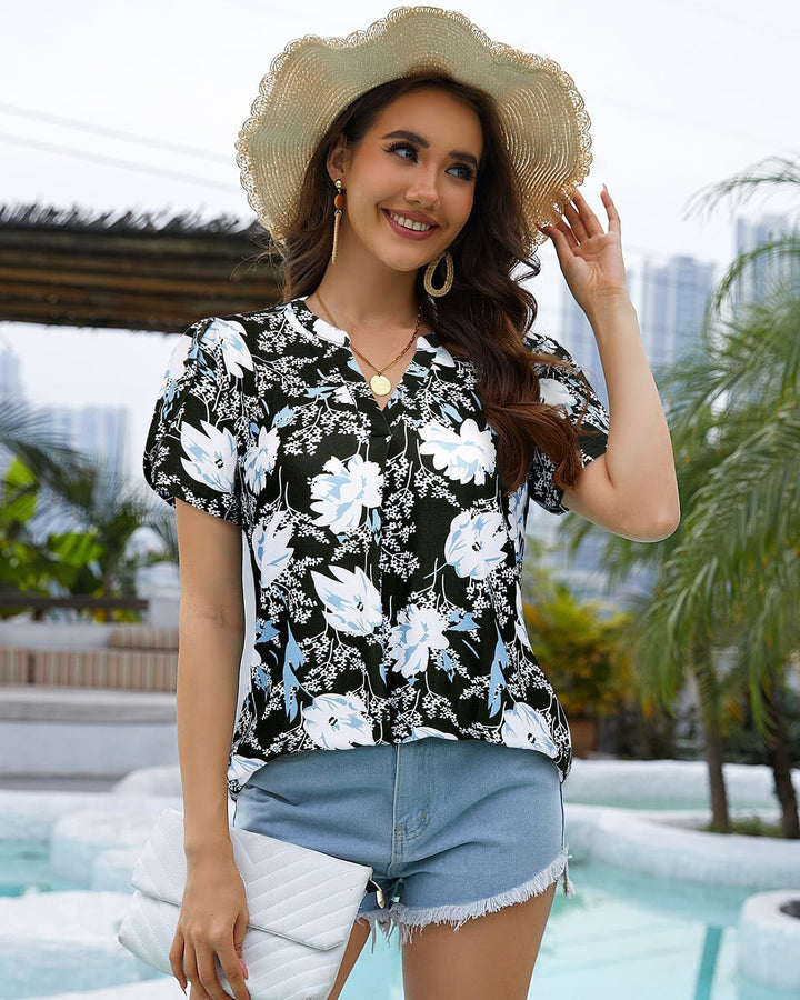 Siddhe Damen Bluse Kurzarm T-Shirts V-Ausschnitt Elegant Lässig Tunika Oberteil Locker Longshirt M 1