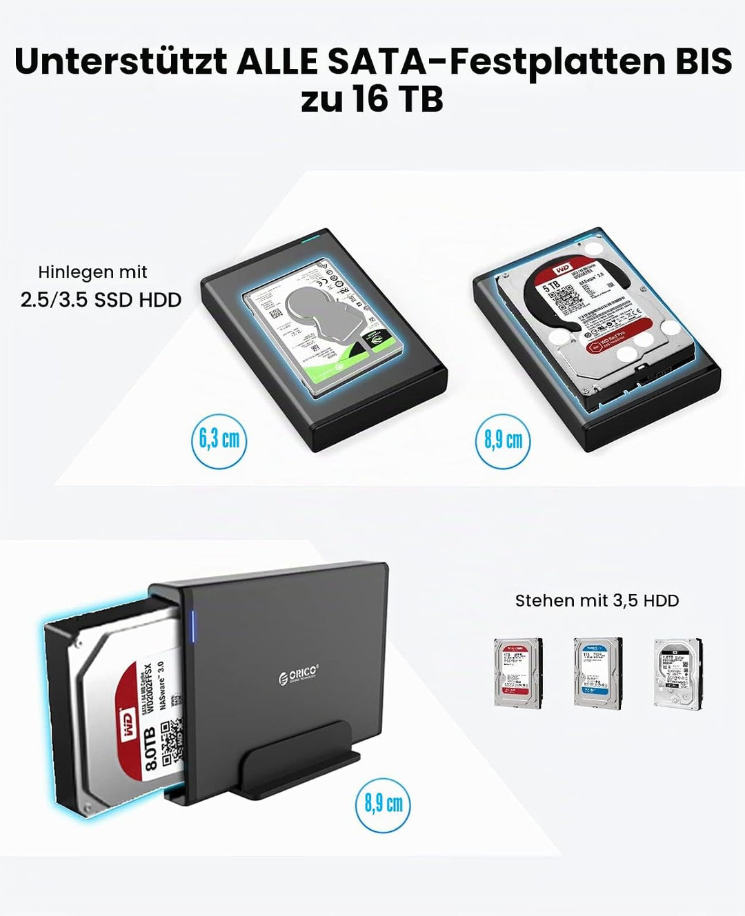 ORICO 3,5 Zoll Externes Festplattengehäuse mit Abnehmbarem Gehäuse USB 3.0 auf SATA 3.0 5Gbps für SA