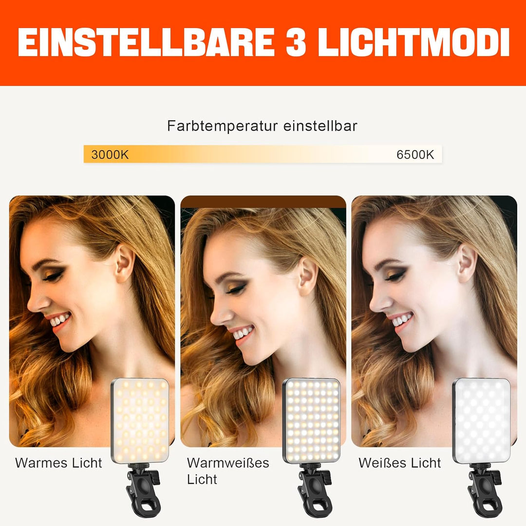 Selfie Licht, 80 LED Videolicht 3000-6500K 3 Lichtmodi 10 Helligkeiten CRI95+, 3000 mAh Akku Handy L