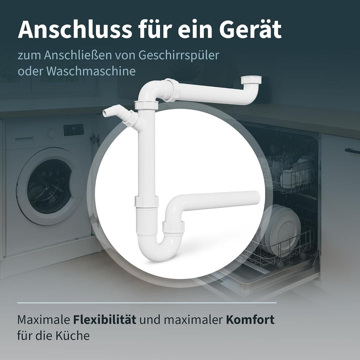 AQUADE Röhrengeruchsverschluss 1 1/2 Zoll Raumsparsiphon mit waagerechtem Abgang 40 mm und 1 Abwasse
