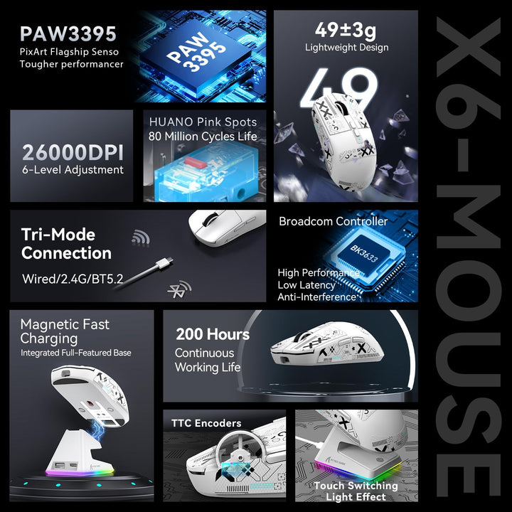 ATTACK SHARK X6 49g Superlight Maus mit magnetischer Ladestation, PixArt PAW3395 Gaming-Sensor, BT/2
