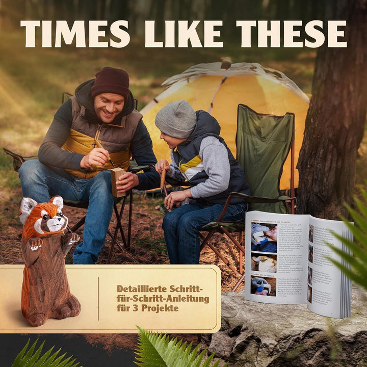 hochwertiges Schnitzwerkzeug (24 teil.) inkl. 32 S. Anleitung 4 Vorlagen u dt. Schnitzholz zum Schni