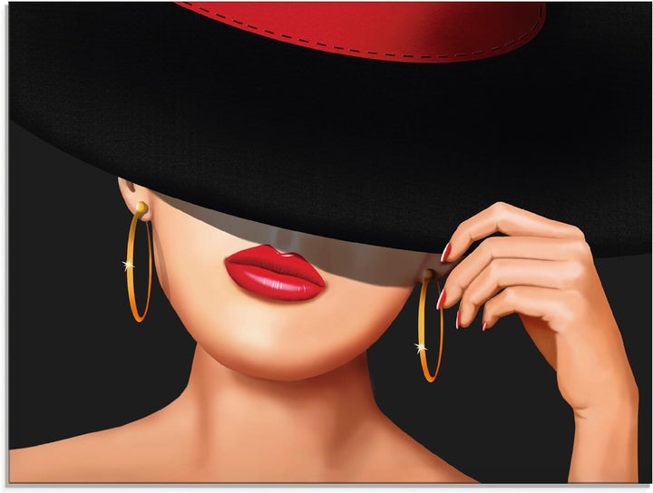 ARTland Glasbilder Wandbild Glas Bild einteilig 60 x 45 cm Elegant Schick Dame Lady Hut Ohrringe Lip