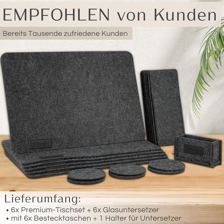 MAHEWA® 6er Set Premium Filz Tischset Platzset mit 6X Glasuntersetzer 1x Halter und 6X Bestecktasche