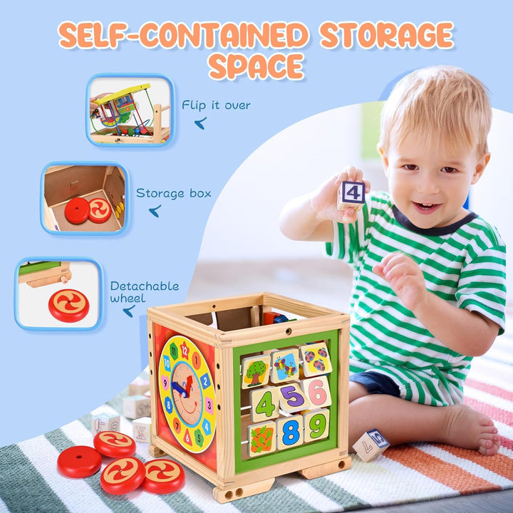 Lauflernwagen aus Holz - Höhenverstellbare Lauflernhilfe mit Puzzle, und Zahlen - Pädagogisches Baby