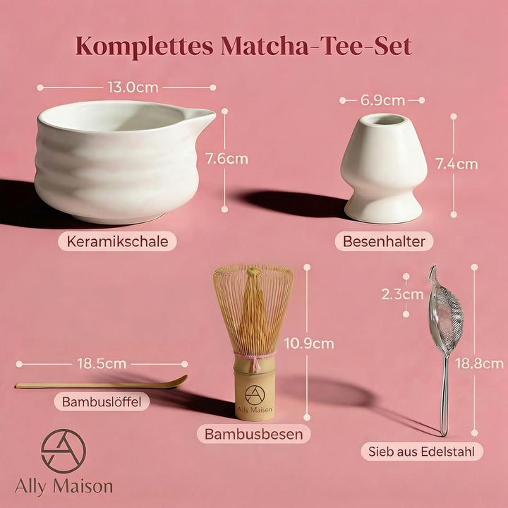 Premium Matcha Set 7-teilig in weiss – Design Keramik Schale mit Ausgiesser, Bambusbesen & Zubehör –