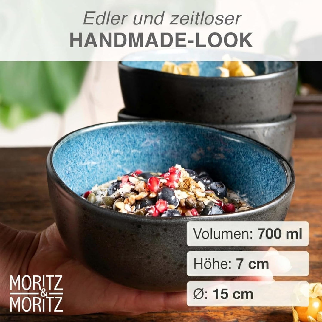 Moritz & Moritz ORGANIC Müslischalen Set 6-teilig Blau, Steingut Bowls im modernen Design, ca. 500 m