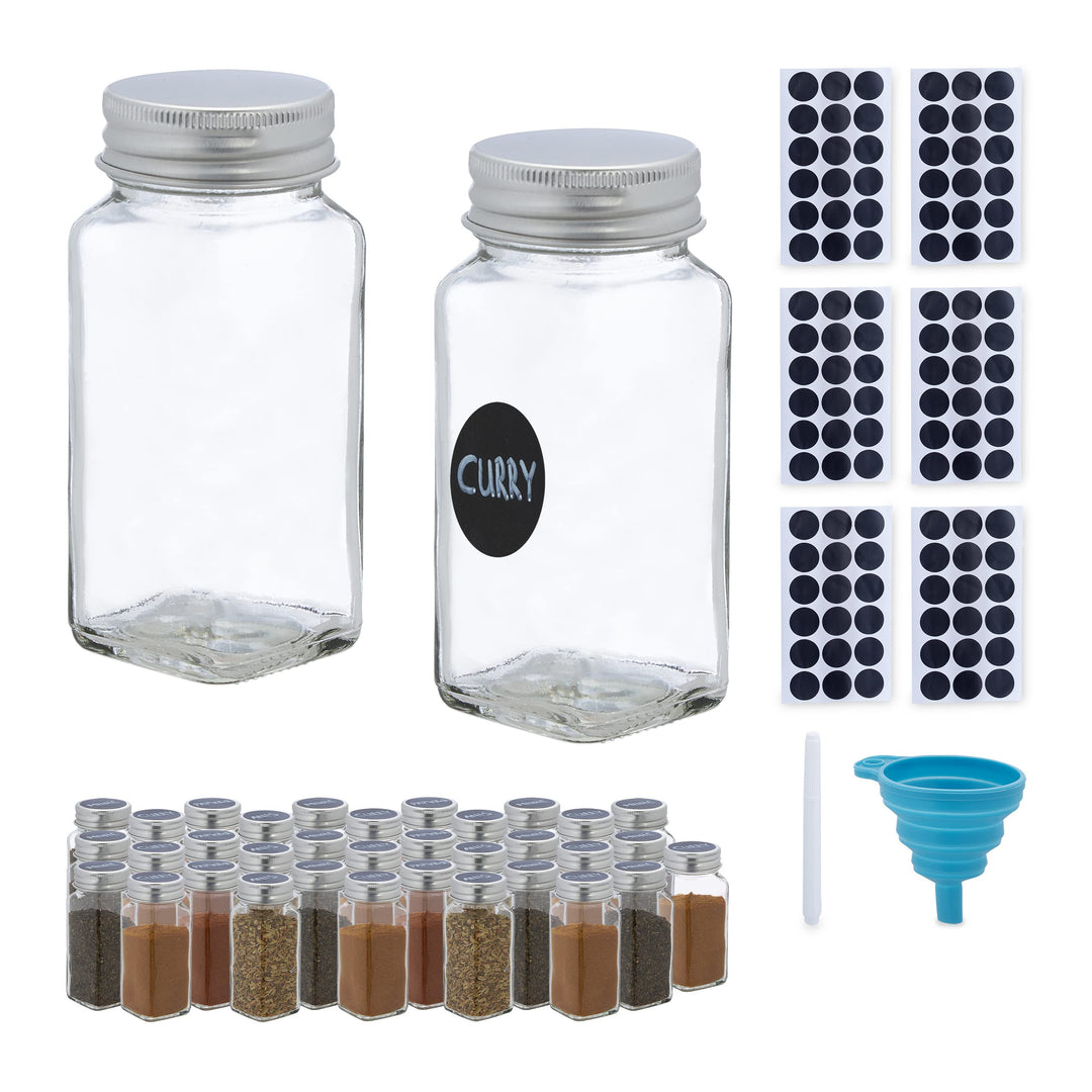 Relaxdays Gewürzgläser 36er Set, Streueinsatz, Gewürzdosen Glas, 120ml, inkl. Etiketten, Stift & Tri