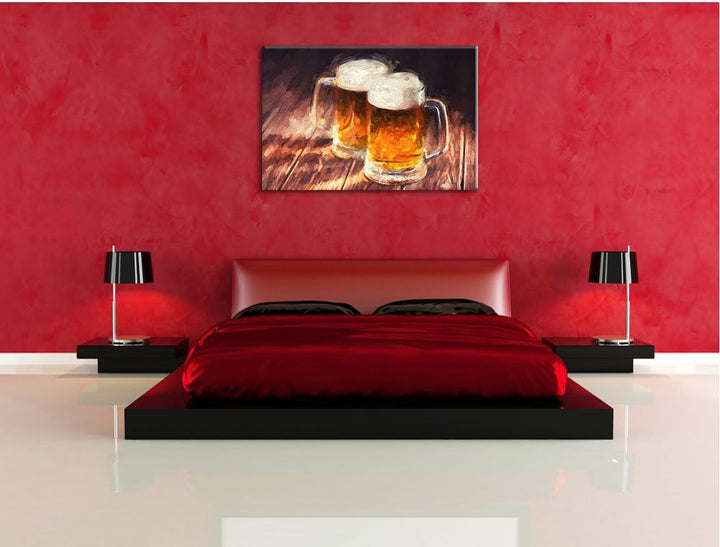 Pixxprint Zwei Masskrüge Bier Pinsel Effekt, Format: 100x70 auf Leinwand, 100x70
