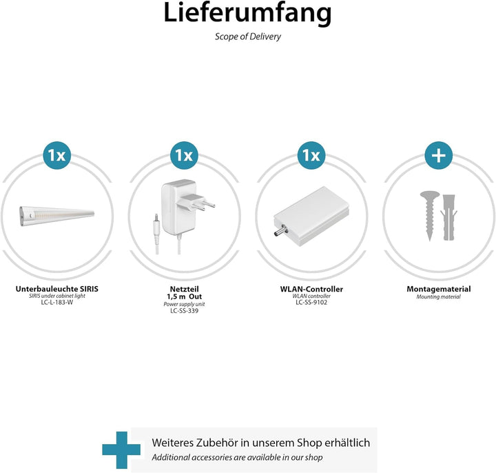 ledscom.de Smarte LED Unterbau-Leuchte SIRIS weiss matt mit Netzteil und WLAN-Controller, flach, Sma