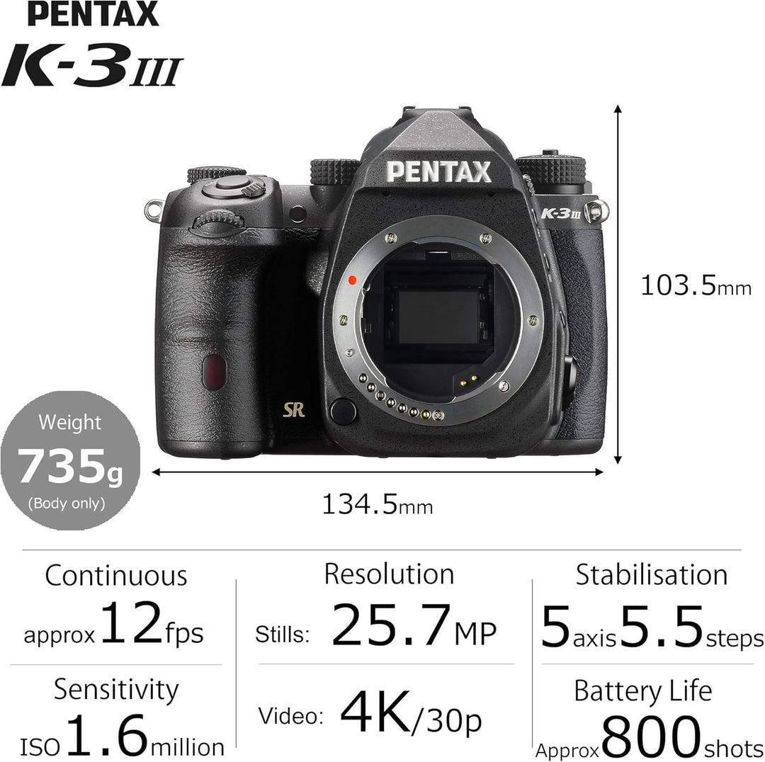 Pentax K-3 Mark III APS-C DSLR Kamera Gehäuse in schwarz - Bildfeld 100%~1,05x optischer Sucher, 5-A