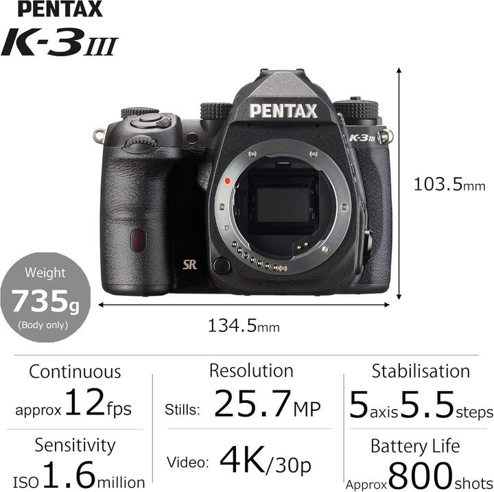 Pentax K-3 Mark III APS-C DSLR Kamera Gehäuse in schwarz - Bildfeld 100%~1,05x optischer Sucher, 5-A