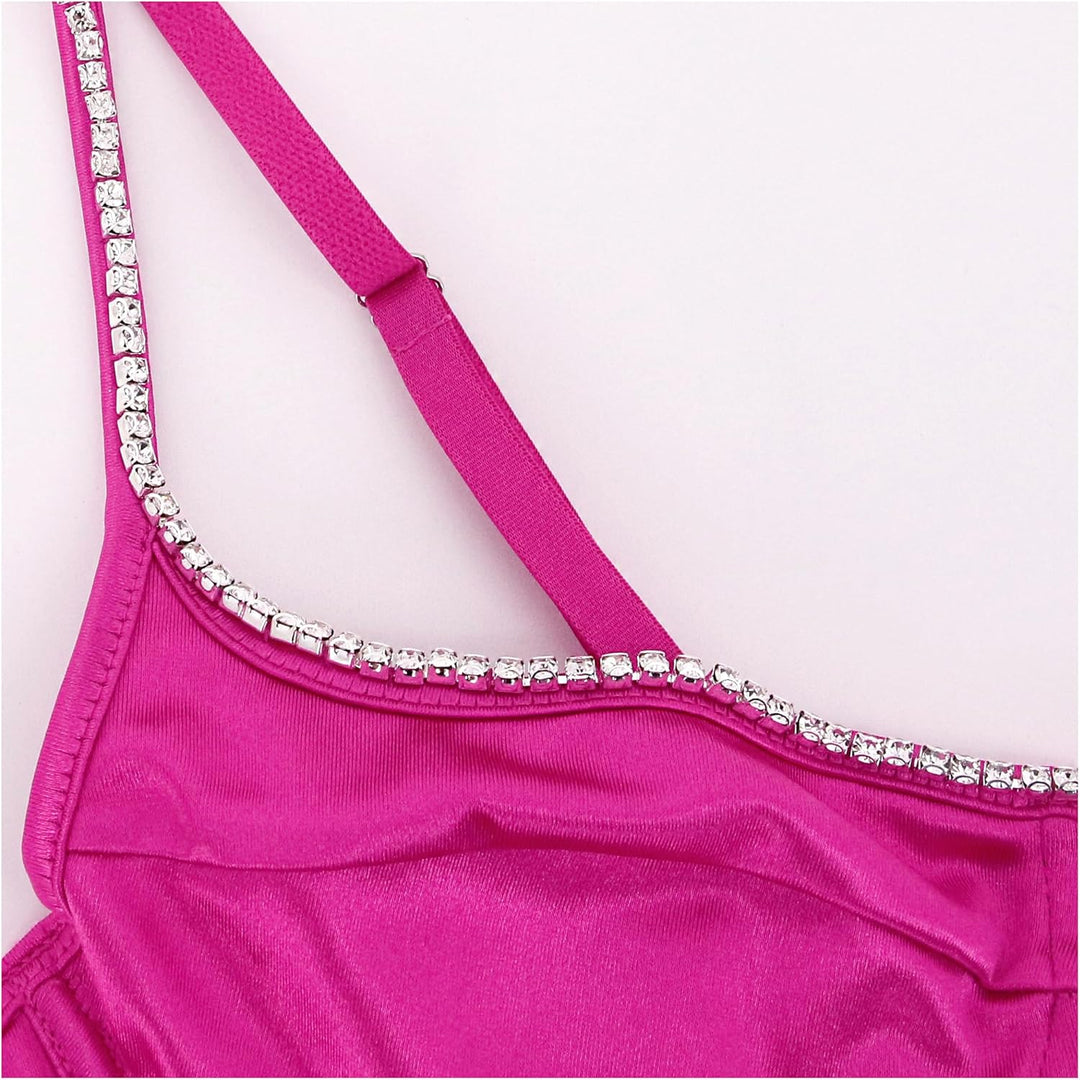 Naimo Damen Seide Satin Top Strass Korsett Bustier Cami Sexy Ärmellos Spaghettiträger Crop Tank Top