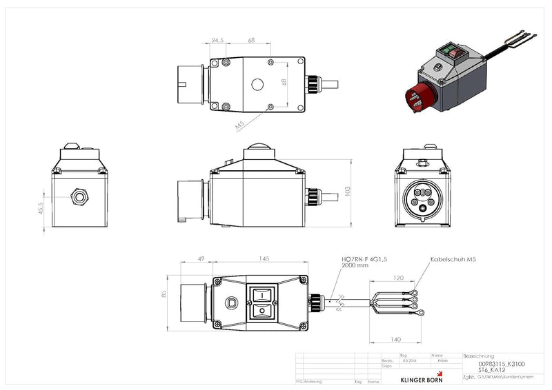 Motorschutzschalter MS25 2,50-4,00A in Gehäuse mit Motorkabel und Kragenstecker Motorkabel und Krage