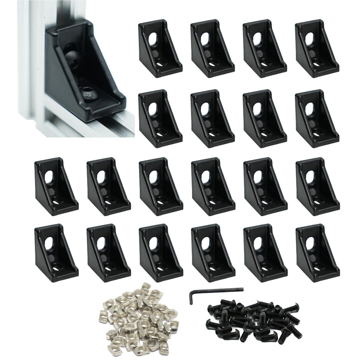 Iverntech 20 Stück schwarze Aluminium-Eckwinkel-Verbindungsstücke mit 40 Stück M5-T-Muttern + 40 Stü