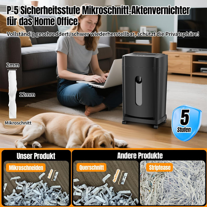 Professioneller Aktenvernichter – Geräuscharm 38 dB – 30 Min. Betriebsdauer – Mikroschnitt P-5 – 8 B