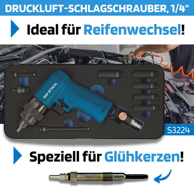 SW-Stahl S3224 Druckluft-Schlagschrauber Set I 1/4 Zoll I 9-teilig I Speziell für Glühkerzen I Druck