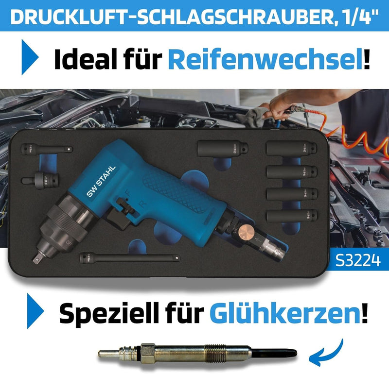 SW-Stahl S3224 Druckluft-Schlagschrauber Set I 1/4 Zoll I 9-teilig I Speziell für Glühkerzen I Druck