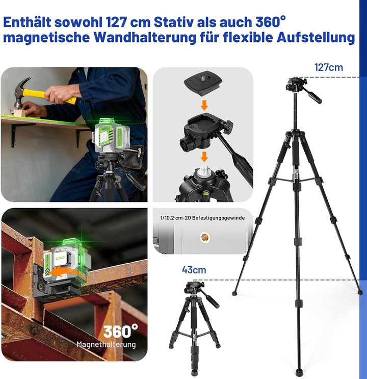 Huepar Pro Kreuzlinienlaser mit Stativ, 360 Laser Wasserwaage Selbstnivellierend Linienlaser Fernbed