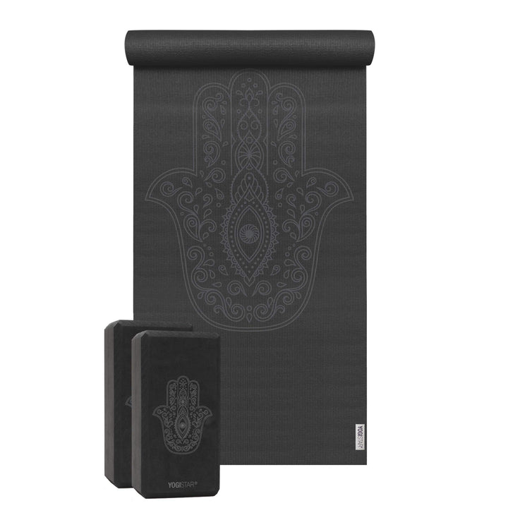 Yoga-Set Starter Edition - Hand of Fatima (yogamatte + 2 Yogablöcke) Schwarz, Schwarz