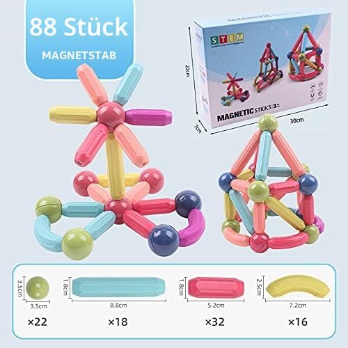 Magnetische und Stangen, 88 Stück magnetische Kugeln, Magnetbaustäbchen-Set, Bausteine, Fliesen, STE