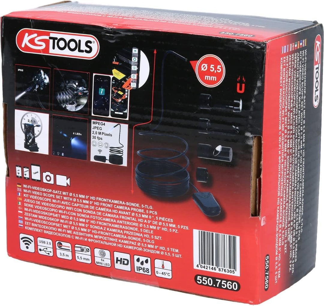 KS 551 Tools 550.756 Wi-Fi-Videoskop-Satz mit Ø 5,5 mm 0° HD Frontkamera-Sonde,