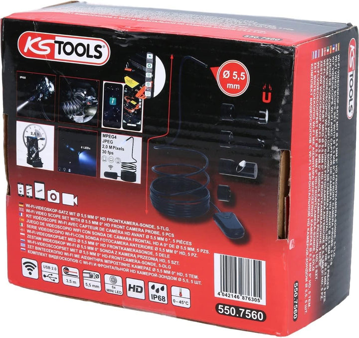 KS 551 Tools 550.756 Wi-Fi-Videoskop-Satz mit Ø 5,5 mm 0° HD Frontkamera-Sonde,
