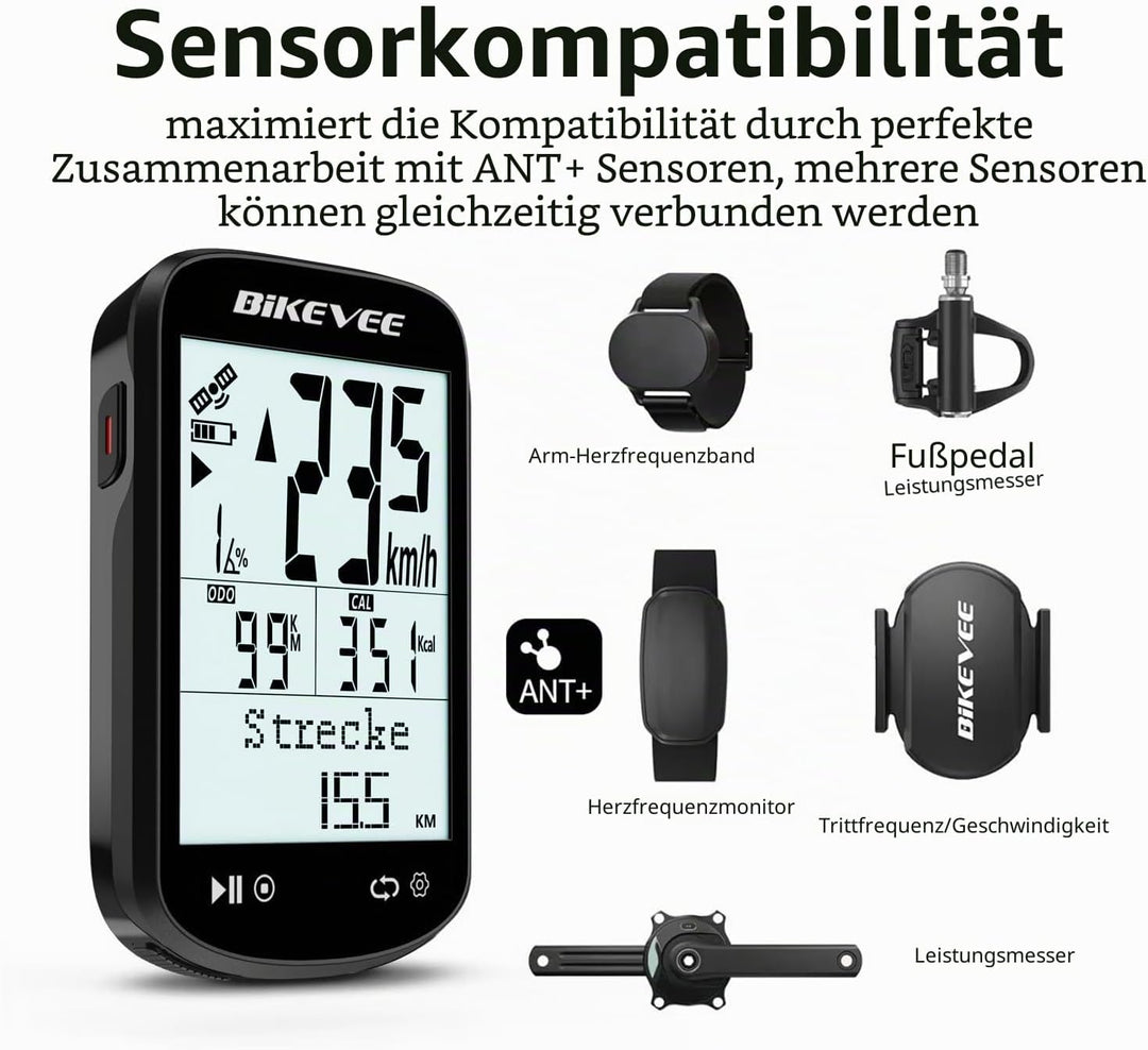 GPS Fahrradcomputer Kabellos ANT+ Bluetooth 2.6'' Glasdisplay 50H Akku Schwarz-AB【Doppelhalterung】,