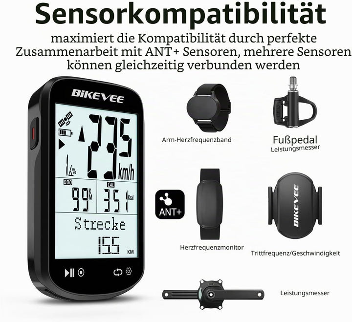 GPS Fahrradcomputer Kabellos ANT+ Bluetooth 2.6'' Glasdisplay 50H Akku Schwarz-AB【Doppelhalterung】,