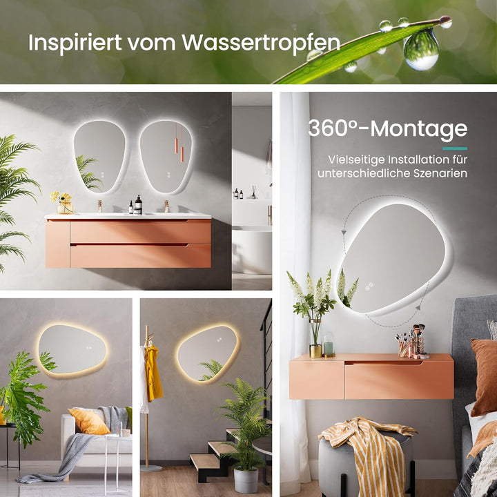 EMKE Badspiegel mit Beleuchtung 60x80cm, Asymmetrischer Spiegel mit 3 Lichtfarben Dimmbar, Antibesch