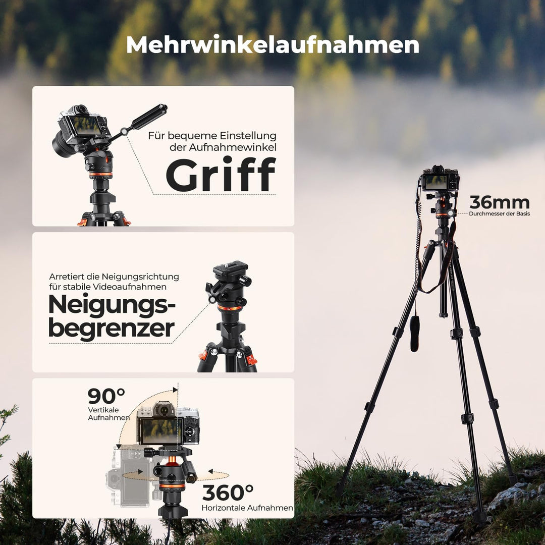K&F CONCEPT 182CM Stativ Kamera mit Griff und Neigungsbegrenzer, Kamerastativ aus Aluminium Tripod f