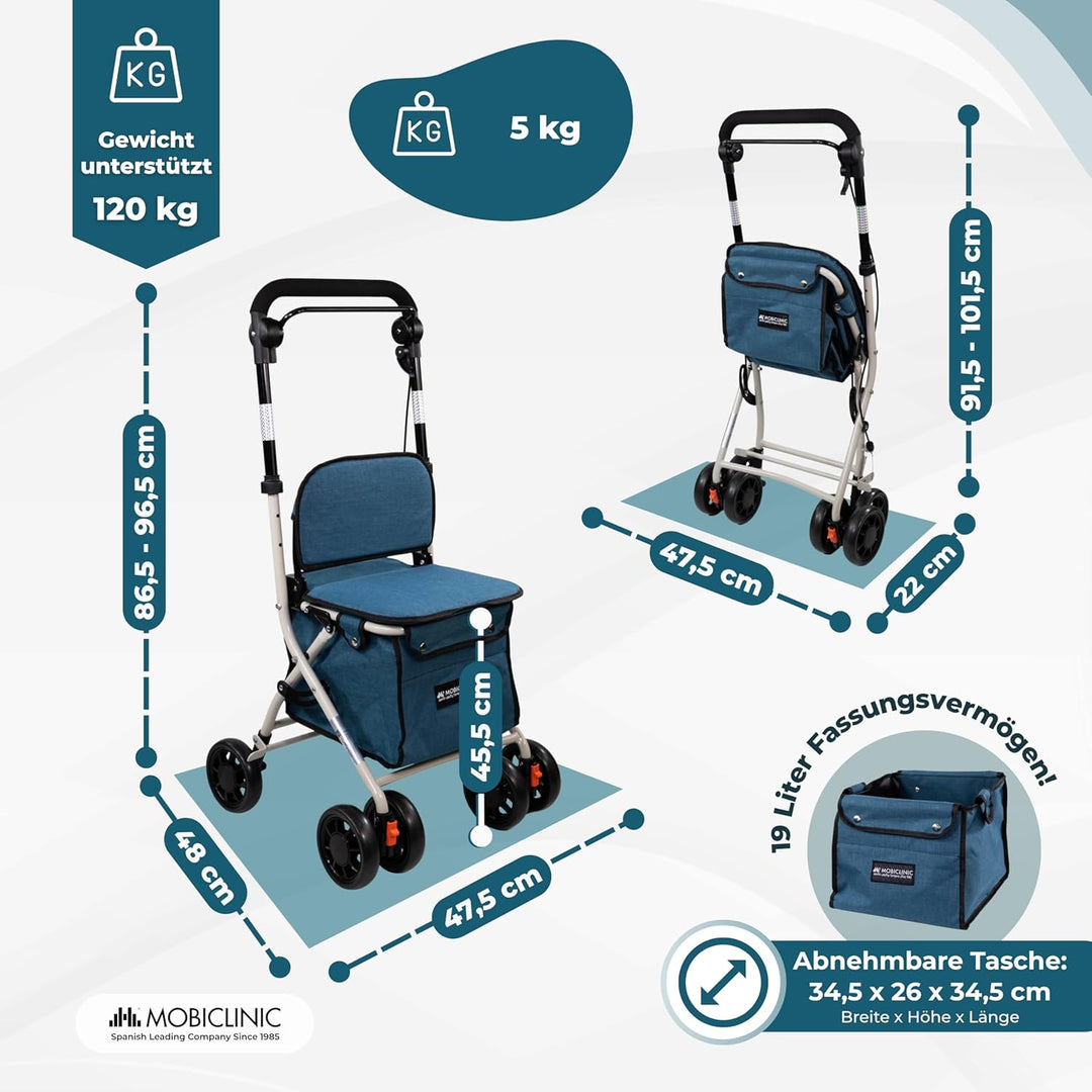 Mobiclinic®, Einkaufswagen mit Sitz, Faltbarer Rollator für Erwachsene, 21 L, Rückenlehne, 4 Räder,