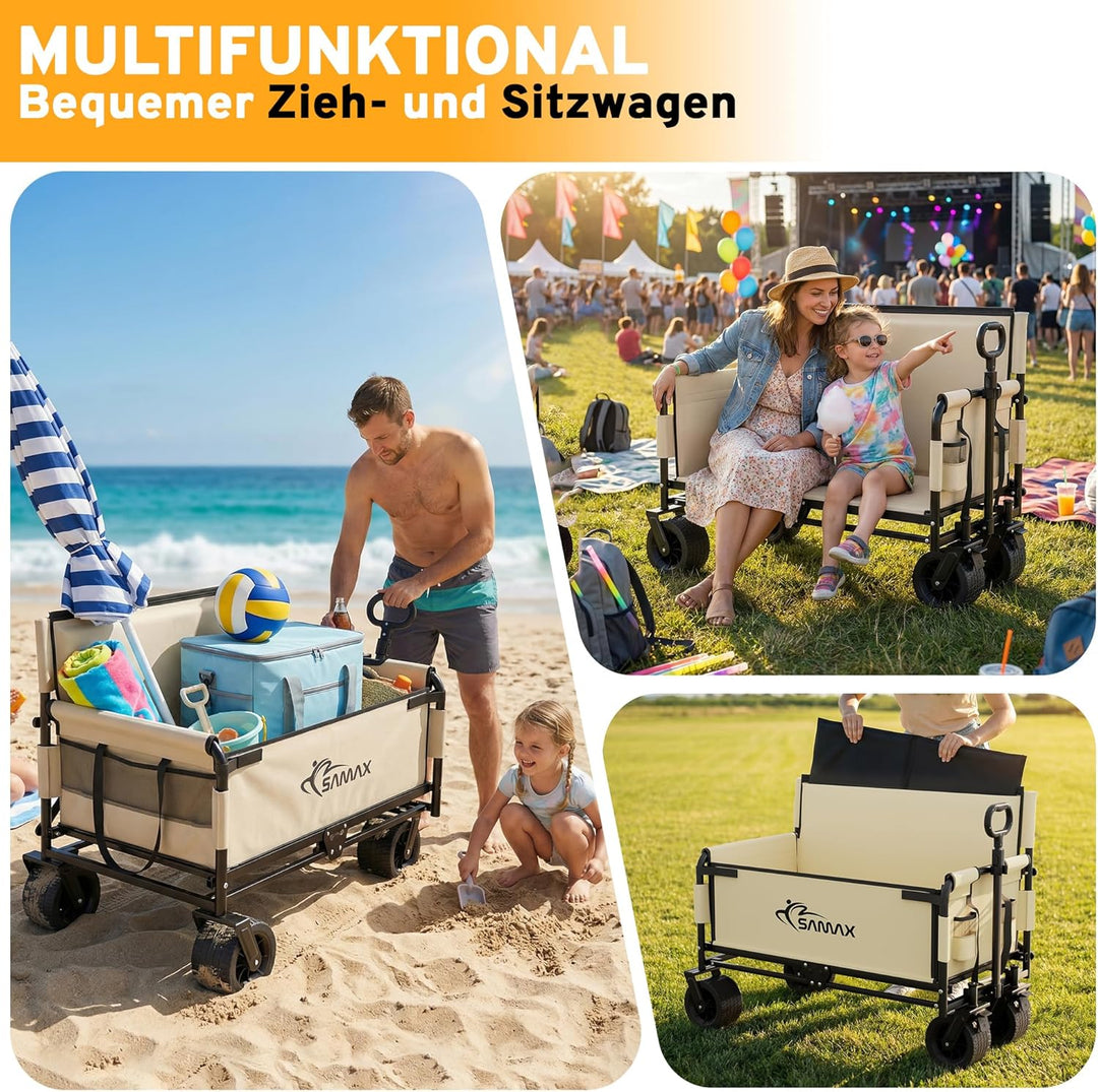 SAMAX Bollerwagen bis 200kg - 2in1 mit Bank - Faltbarer Handwagen Gartenwagen Strandwagen - Klappbar