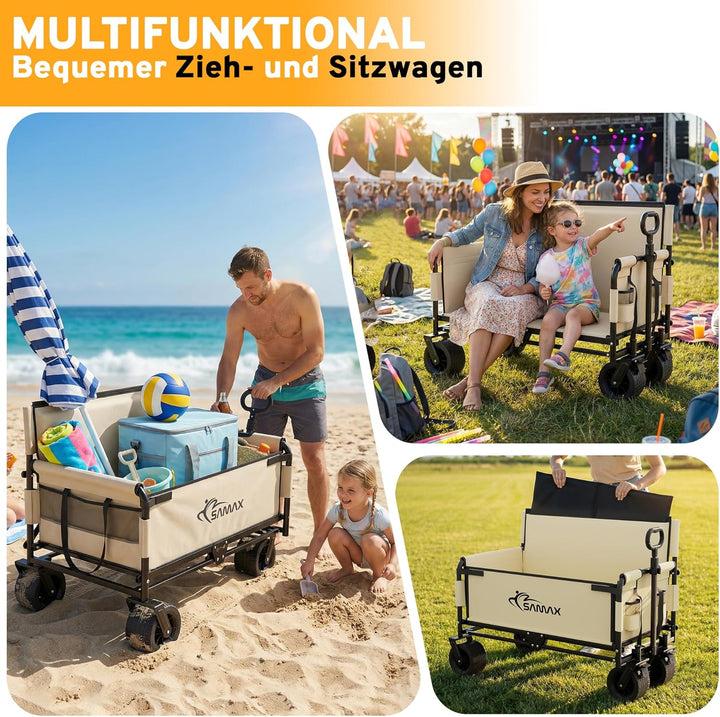 SAMAX Bollerwagen bis 200kg - 2in1 mit Bank - Faltbarer Handwagen Gartenwagen Strandwagen - Klappbar