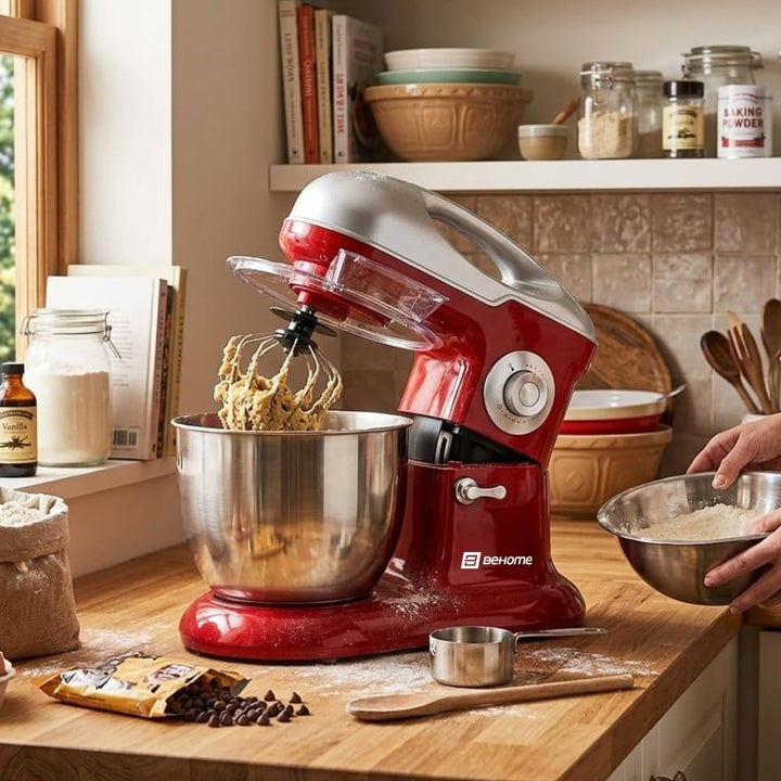 Behome Professionelle Planetenknetmaschine 6,5L rot | 10 Geschwindigkeiten, 2 Schneebesen und 1 Knet