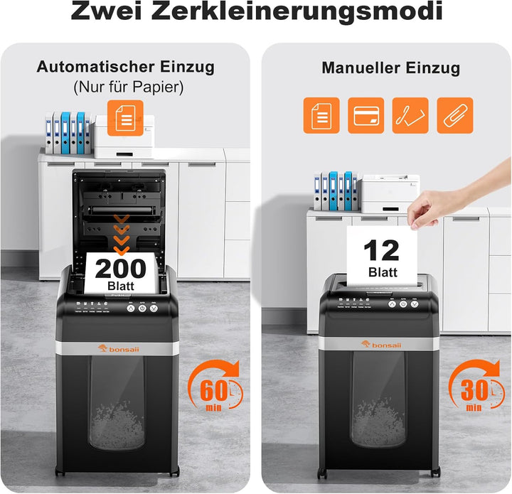 Bonsaii Aktenvernichter mit automatischem 200-Blatt-Einzug, 60 Min Dauerbetrieb, DIN P-4 Mikroschnit