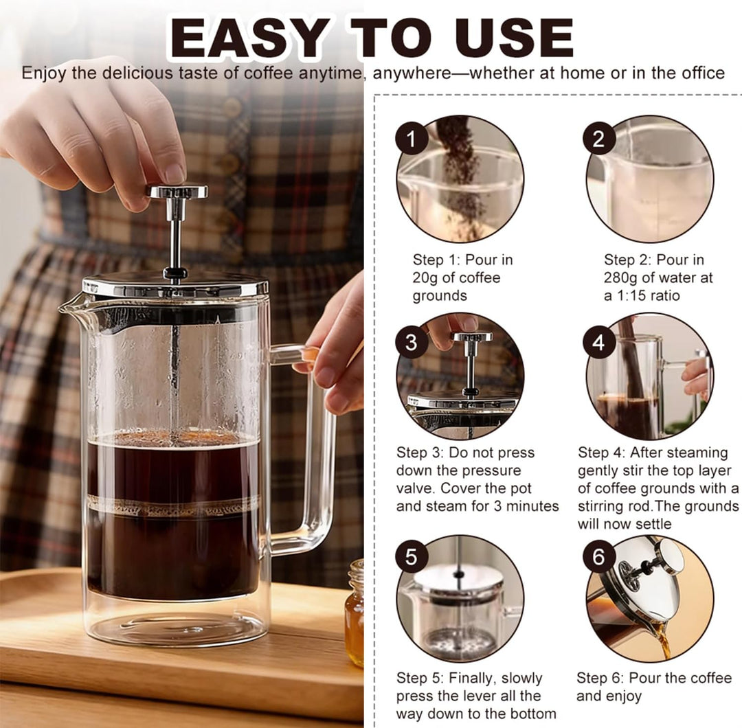 Kaffeepresse French Press 1 Liter, Töpfe Edelstahl & Glas mit Doppelwand Isolierung, Hitzebeständig