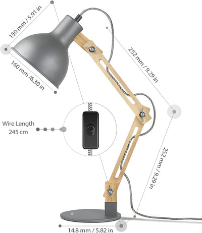 tomons LED Leselampe im Klassichen Holz-Design, Schreibtischlampe Grau, Tischleuchte Verstellbare, V