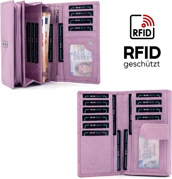 ekavale Damen-geldbörse XXL aus Rindsleder mit RFID Leder-Geldbörse mit vielen Fächern für Frau (Ant