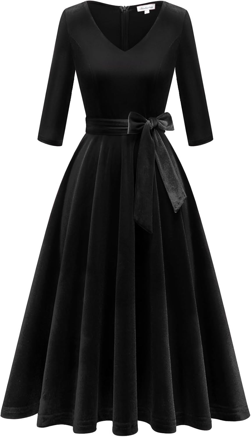 Bbonlinedress Rockabilly Kleider Damen 3/4 arm V-Ausschnitt Midi Langarm Festliche Kleider für Hochz