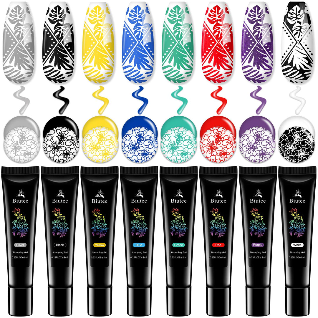 Biutee Stamping Lack UV Set für Stamping Schablone, 8 Farben, 8 ml Cremefarben, Cremefarben