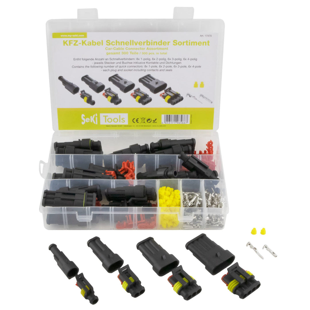 SeKi KFZ Kabel Steckverbinder Sortiment 300 teilig (für 26 Steckverbindungen) 1- bis 4-polig; IP67 w