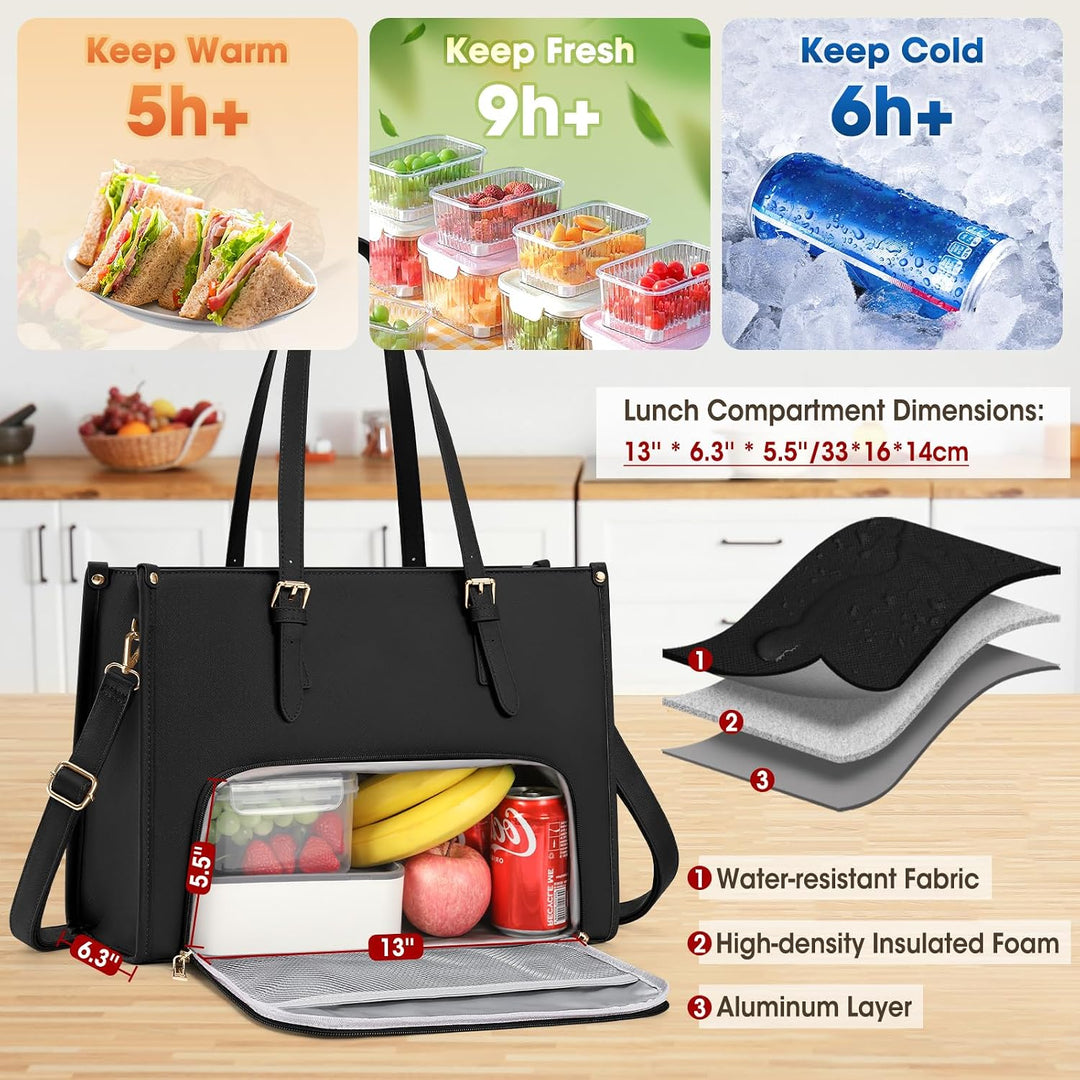 RAINSMORE Laptoptasche Arbeitstasche Damen Gross mit Isolierted Kühlfach Schwarz, Schwarz
